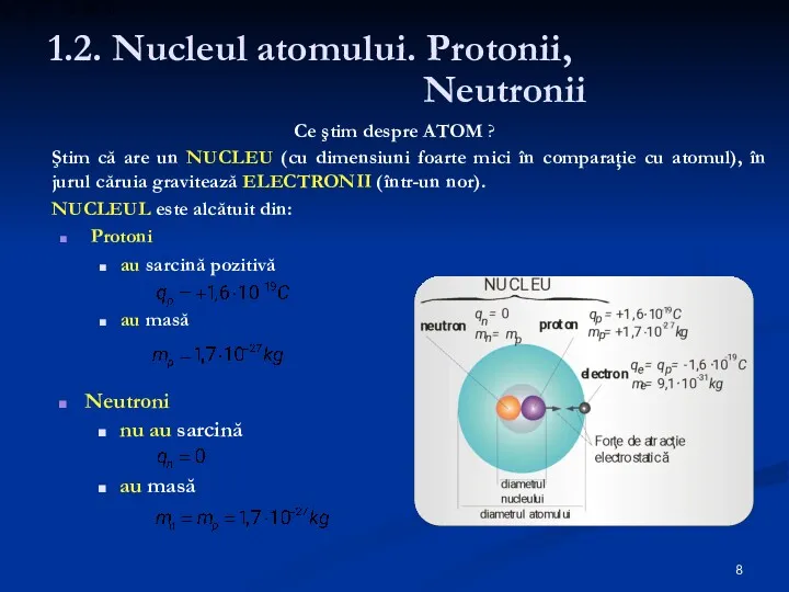 1.2. Nucleul atomului. Protonii, Neutronii Ce ştim despre ATOM ?