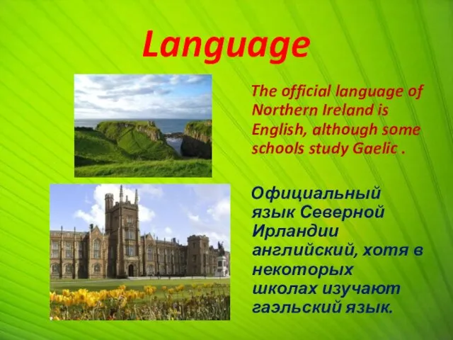 Language The official language of Northern Ireland is English, although