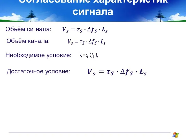 Согласование характеристик сигнала и канала связи Объём сигнала: Объём канала: Необходимое условие: Достаточное условие: