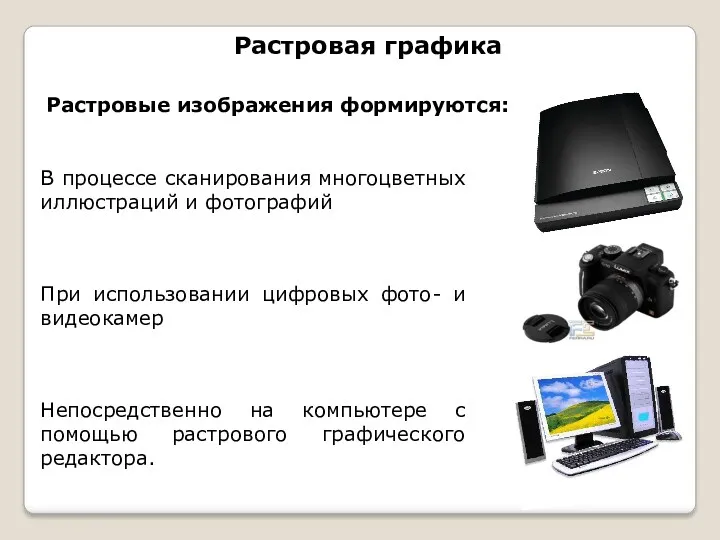 Растровая графика Растровые изображения формируются: В процессе сканирования многоцветных иллюстраций