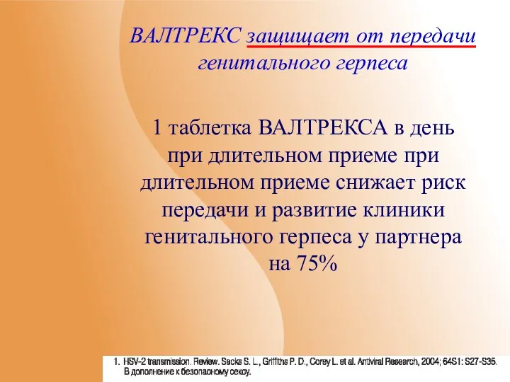 ВАЛТРЕКС защищает от передачи генитального герпеса 1 таблетка ВАЛТРЕКСА в