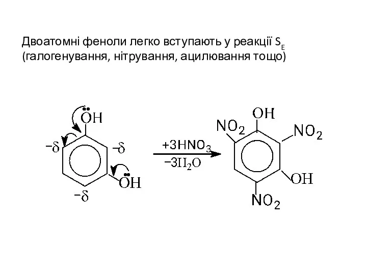 Двоатомні феноли легко вступають у реакції SE (галогенування, нітрування, ацилювання тощо)