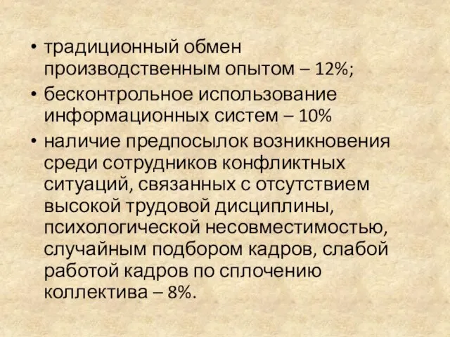 традиционный обмен производственным опытом – 12%; бесконтрольное использование информационных систем