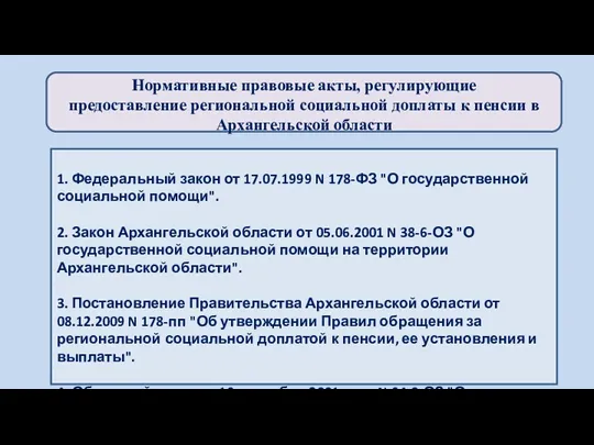 Нормативные правовые акты, регулирующие предоставление региональной социальной доплаты к пенсии