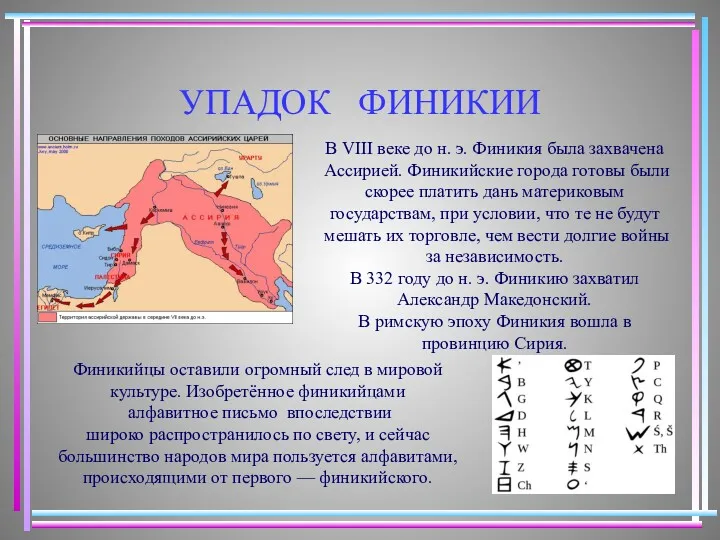 УПАДОК ФИНИКИИ В VIII веке до н. э. Финикия была