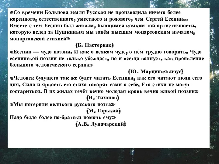 «Со времени Кольцова земля Русская не производила ничего более коренного,