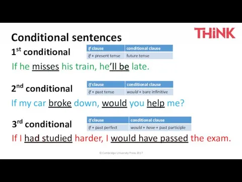 © Cambridge University Press 2017 Conditional sentences 1st conditional If he misses his