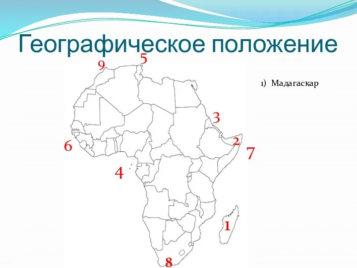 Географическое положение 1) Мадагаскар 1 1 2 3 4 5 6 7 8 9