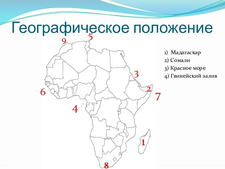 Географическое положение 1) Мадагаскар 2) Сомали 3) Красное море 4) Гвинейский залив 1