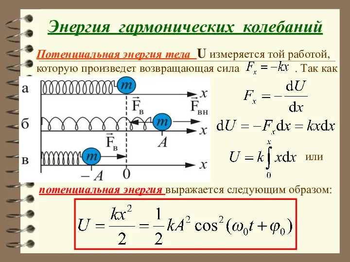 Энергия гармонических колебаний Потенциальная энергия тела U измеряется той работой,