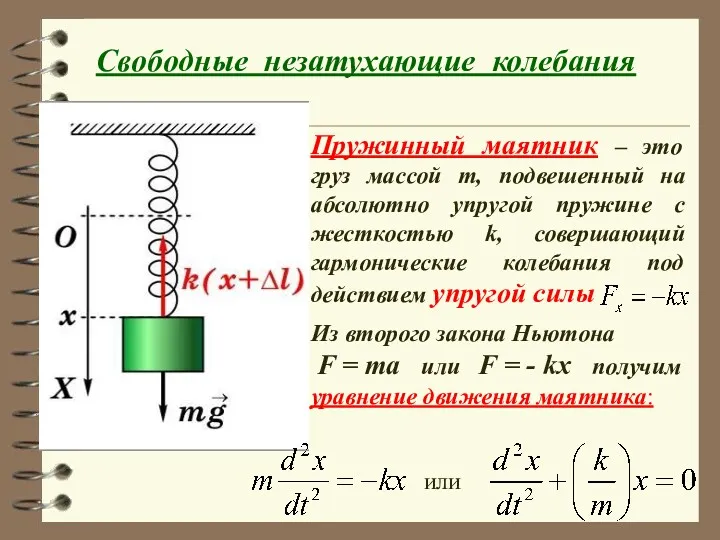 Свободные незатухающие колебания Пружинный маятник – это груз массой m, подвешенный на абсолютно