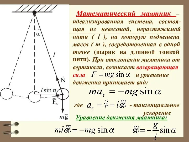 Математический маятник – идеализированная система, состоя-щая из невесомой, нерастяжимой нити