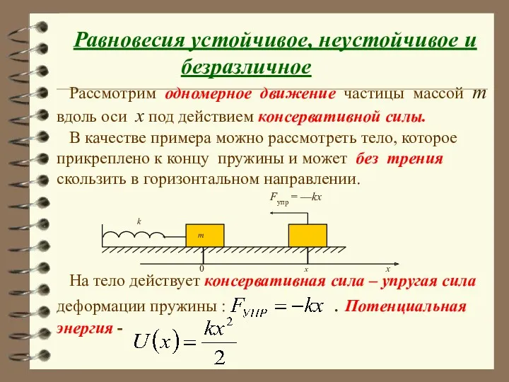 Равновесия устойчивое, неустойчивое и безразличное Рассмотрим одномерное движение частицы массой