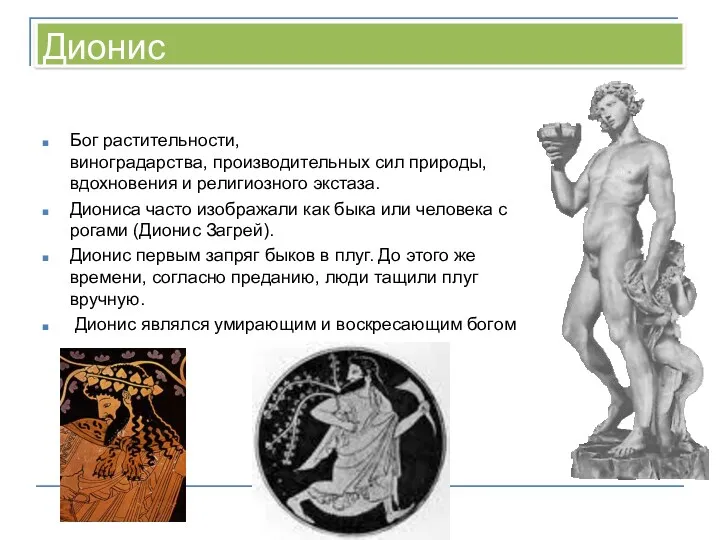 Дионис Бог растительности, виноградарства, производительных сил природы, вдохновения и религиозного экстаза. Диониса часто