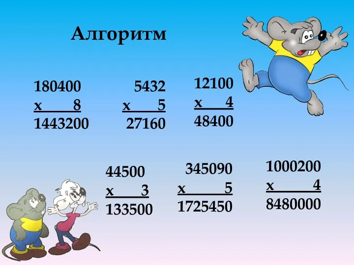 Алгоритм 44500 х 3 133500 180400 х 8 1443200 345090