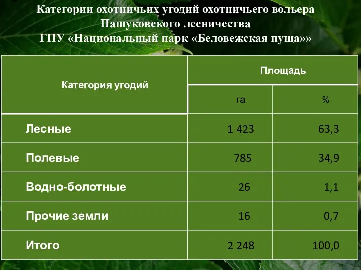 Категории охотничьих угодий охотничьего вольера Пашуковского лесничества ГПУ «Национальный парк «Беловежская пуща»»