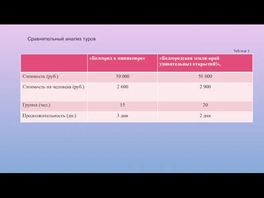 Таблица 3 Сравнительный анализ туров