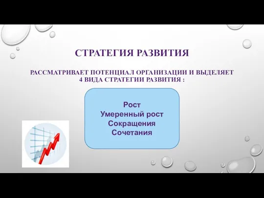 СТРАТЕГИЯ РАЗВИТИЯ РАССМАТРИВАЕТ ПОТЕНЦИАЛ ОРГАНИЗАЦИИ И ВЫДЕЛЯЕТ 4 ВИДА СТРАТЕГИИ РАЗВИТИЯ : Рост