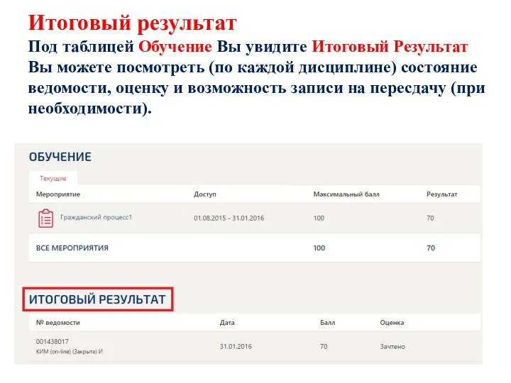 Итоговый результат Под таблицей Обучение Вы увидите Итоговый Результат Вы