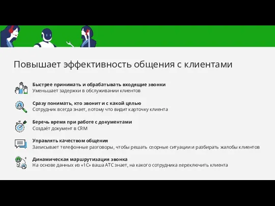 Повышает эффективность общения с клиентами Быстрее принимать и обрабатывать входящие