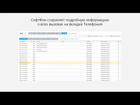 СофтФон сохраняет подробную информацию о всех вызовах на вкладке Телефония