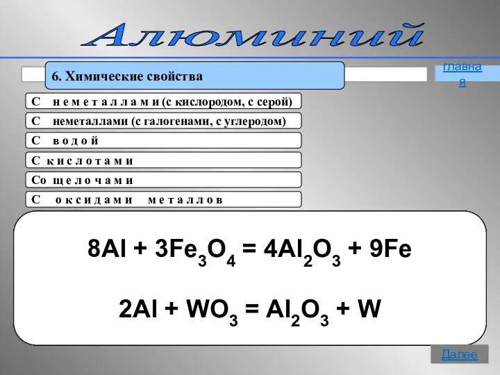 Алюминий 6. Химические свойства 4Аl + 3O2 = 2Al2O3 t