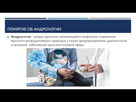 ПОНЯТИЕ ОБ АНДРОЛОГИИ Андрология – раздел урологии, занимающийся вопросами сохранения