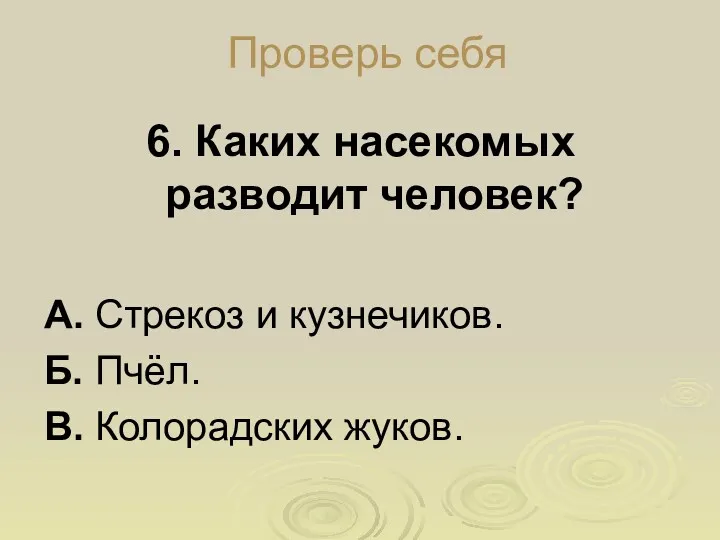 Проверь себя 6. Каких насекомых разводит человек? А. Стрекоз и кузнечиков. Б. Пчёл. В. Колорадских жуков.