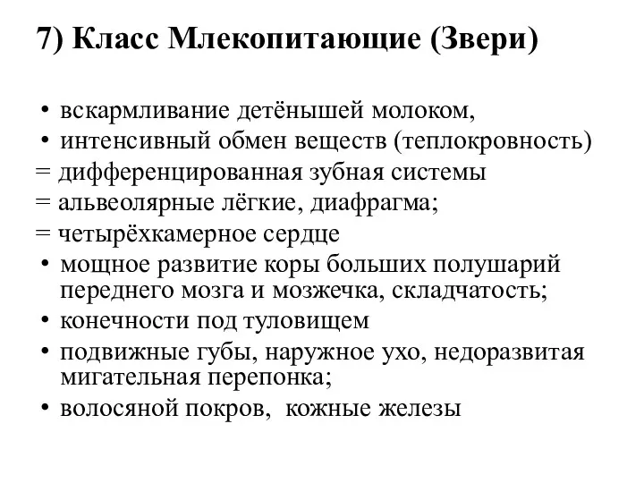 7) Класс Млекопитающие (Звери) вскармливание детёнышей молоком, интенсивный обмен веществ