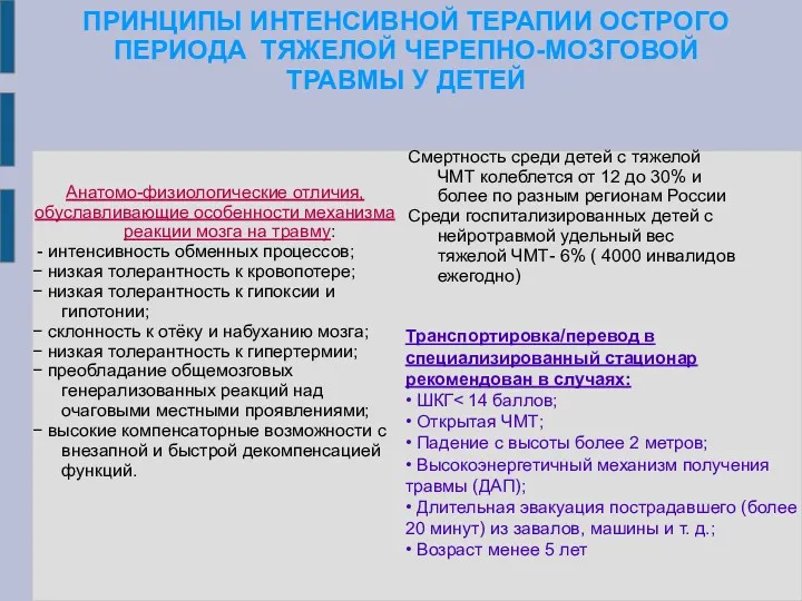 ПРИНЦИПЫ ИНТЕНСИВНОЙ ТЕРАПИИ ОСТРОГО ПЕРИОДА ТЯЖЕЛОЙ ЧЕРЕПНО-МОЗГОВОЙ ТРАВМЫ У ДЕТЕЙ