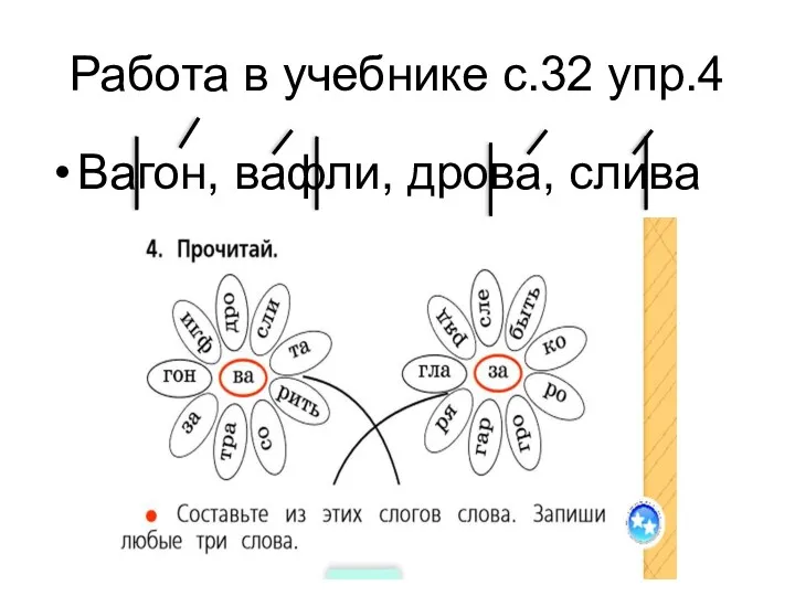 Работа в учебнике с.32 упр.4 Вагон, вафли, дрова, слива