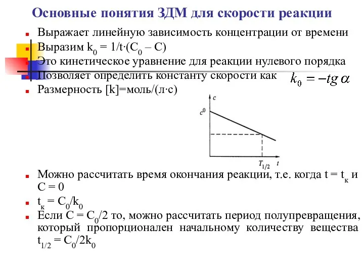 Основные понятия ЗДМ для скорости реакции Выражает линейную зависимость концентрации