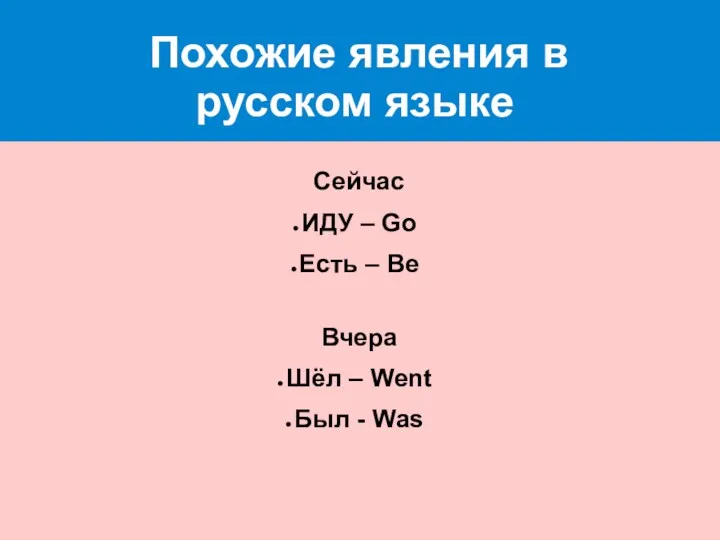 Похожие явления в русском языке Сейчас ИДУ – Go Есть