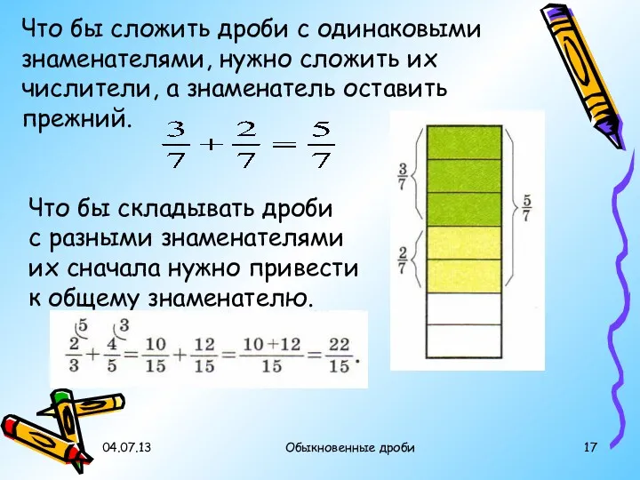 04.07.13 Обыкновенные дроби Что бы сложить дроби с одинаковыми знаменателями, нужно сложить их