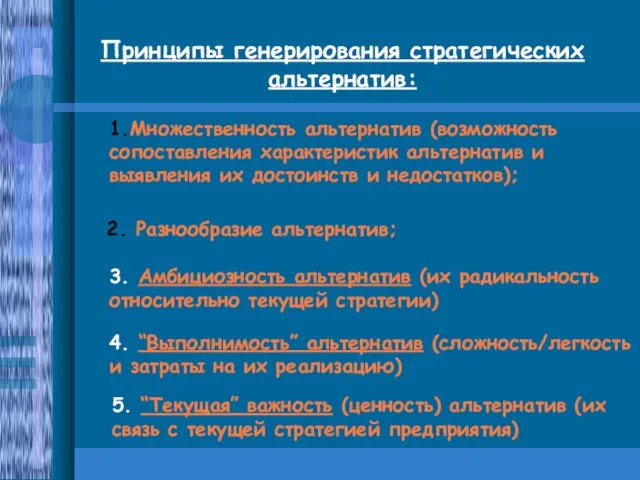 Принципы генерирования стратегических альтернатив: 1.Множественность альтернатив (возможность сопоставления характеристик альтернатив