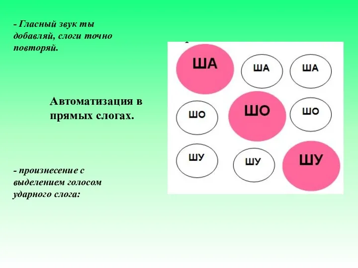 - Гласный звук ты добавляй, слоги точно повторяй. Автоматизация в прямых слогах. -