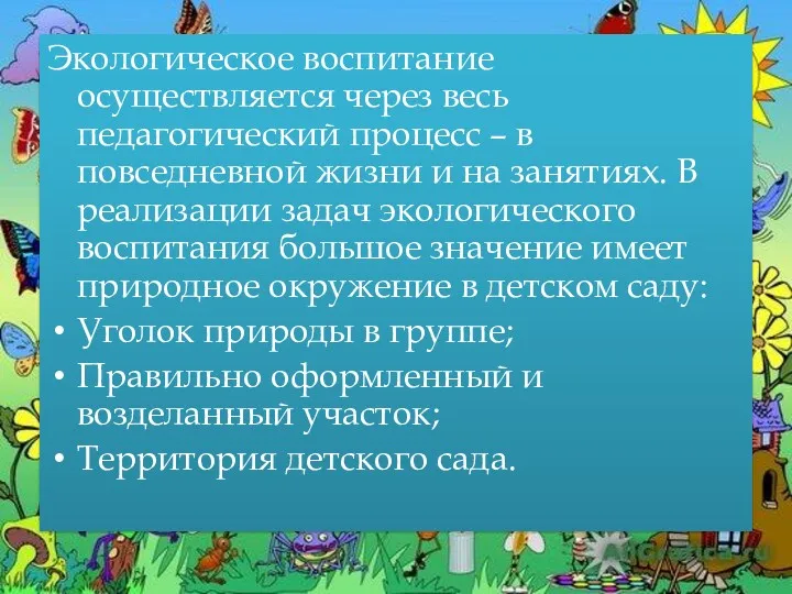 Экологическое воспитание осуществляется через весь педагогический процесс – в повседневной