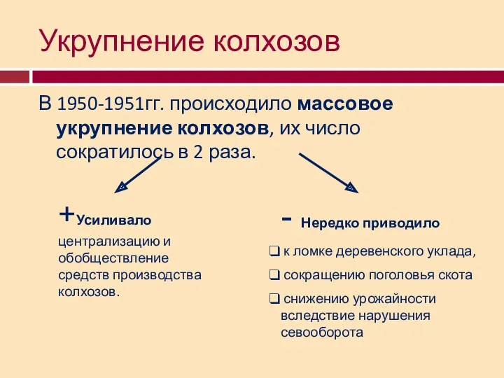 Укрупнение колхозов В 1950-1951гг. происходило массовое укрупнение колхозов, их число