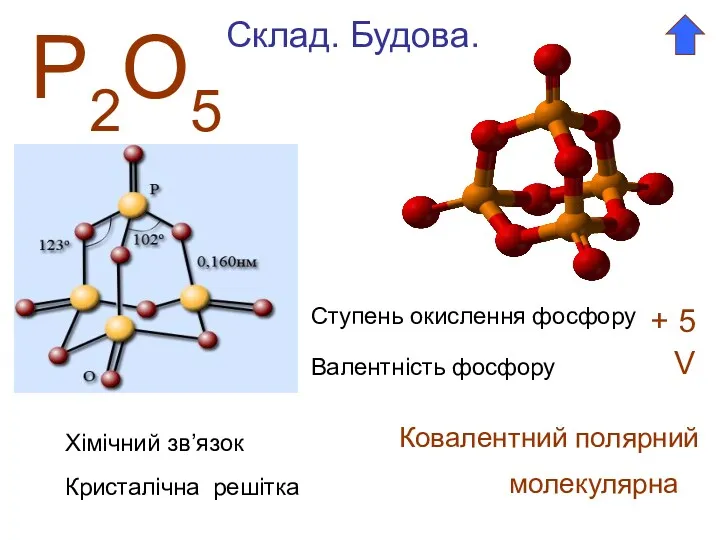 Р2О5 Ступень окислення фосфору + 5 Валентність фосфору V Склад.