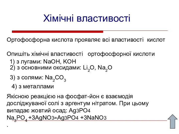 Хімічні властивості Ортофосфорна кислота проявляє всі властивості кислот Опишіть хімічні