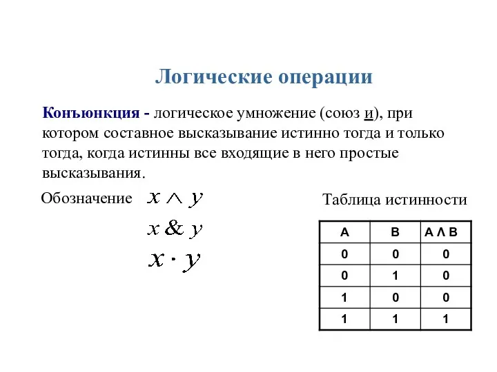 Таблица истинности Обозначение Логические операции Конъюнкция - логическое умножение (союз