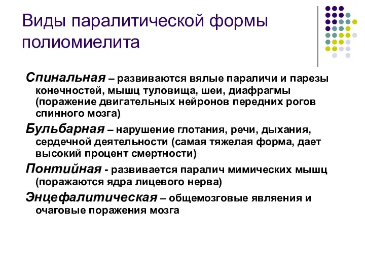 Виды паралитической формы полиомиелита Спинальная – развиваются вялые параличи и