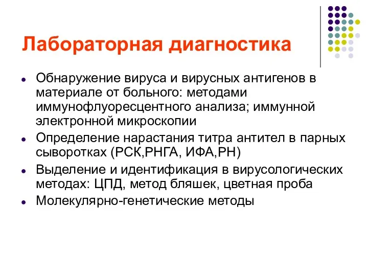 Лабораторная диагностика Обнаружение вируса и вирусных антигенов в материале от