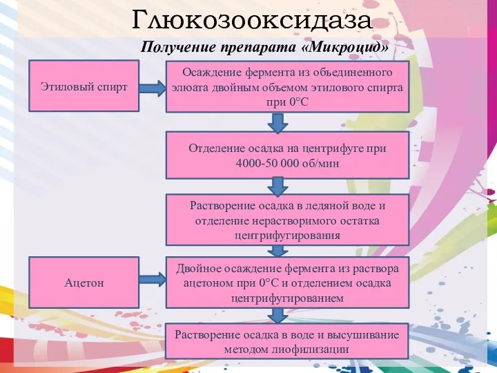 Глюкозооксидаза Получение препарата «Микроцид» Осаждение фермента из объединенного элюата двойным