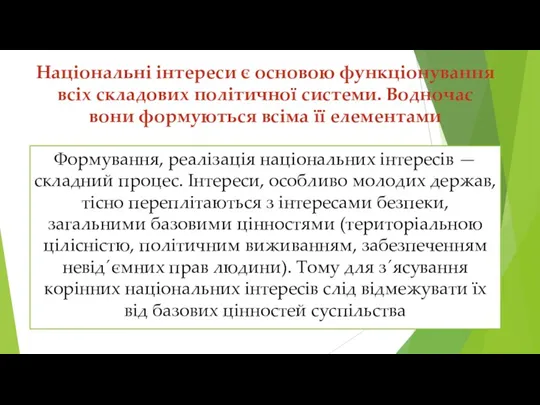 Національні інтереси є основою функціонування всіх складових політичної системи. Водночас