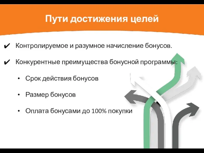 Пути достижения целей Контролируемое и разумное начисление бонусов. Конкурентные преимущества