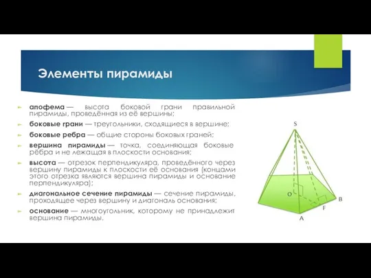 Элементы пирамиды апофема — высота боковой грани правильной пирамиды, проведённая