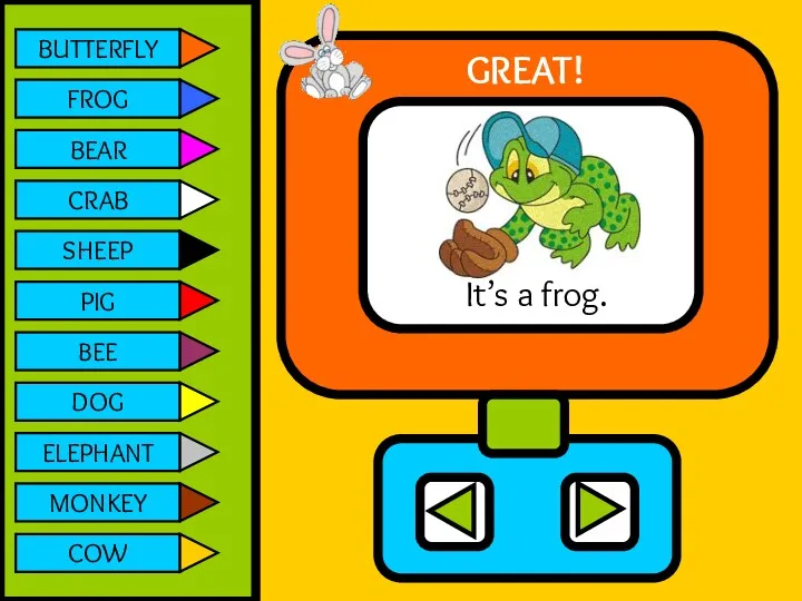 BUTTERFLY FROG BEAR CRAB SHEEP PIG BEE DOG ELEPHANT MONKEY COW It’s a frog. GREAT!