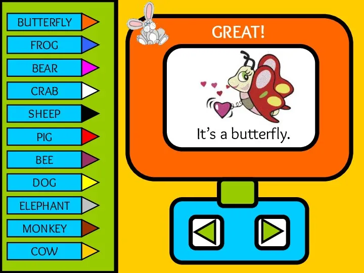 BUTTERFLY FROG BEAR CRAB SHEEP PIG BEE DOG ELEPHANT MONKEY COW It’s a butterfly. GREAT!