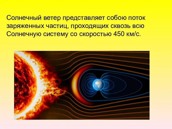 Солнечный ветер представляет собою поток заряженных частиц, проходящих сквозь всю Солнечную систему со скоростью 450 км/с.